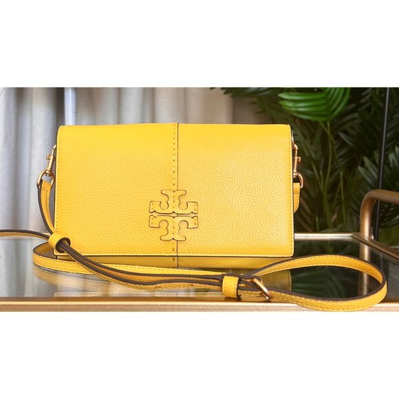 Tory Burch Yellow Mcgraw Leather Crossbody Bag With Logo & Adjustable Strap - Picture 1 of 8